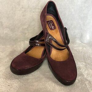 CLARKS Artisan Suede Mary Jane Double Strap Burgundy Pumps Size 8